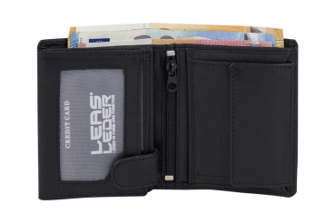 EAS Biker Mini Geldbörse mit Riegel und Kette extra dünn im Hochformat, flaches Portemonnaie mit RFID Schutz Folie mit Geschenk Box Echt-Leder, schwarz